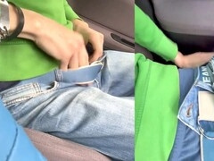 Wild outdoor handjob session in the car with some serious jizz action