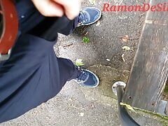 Master Ramon pisses horny on the park bench and massages his divine cock