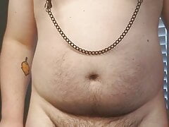 Fatty edging his little cock with nipple clamps on