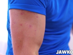 Tattooed Martin Spell with chiseled abs wanking his raging boner solo