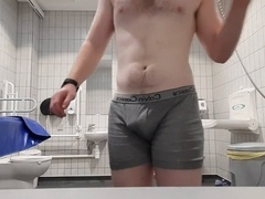 Gym bathroom, gay piss, messy cum
