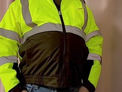 Bear construction worker proudly shows off his big belly on the job site