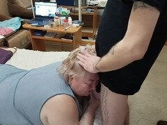Step-mom ignores me playing with myself, ends up with cum on her head