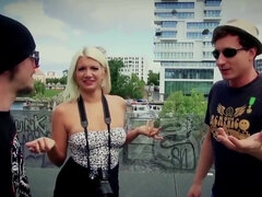 German guys pick up the American blonde to fuck her in minivan
