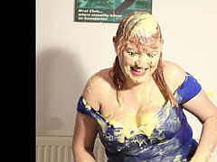 plumper gets pied numerous times in taut blue dress