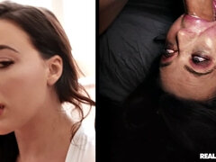 Sucer une bite, Brunette brune, En levrette, Faciale, Collant, Nénés