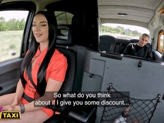 Brunette babe with huge tits gets rough sex on backseat of fake taxi