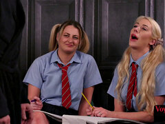 Blonde slut in high heels teasing about her man's hard cock