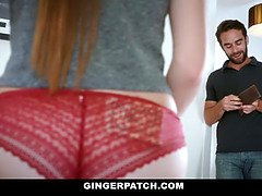 Redhead stepdaughter Miley Cole takes on her stepdad's big cock for some cash