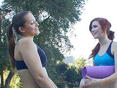 Sporty brunettes boink indoors after yoga session
