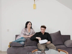 Chubby older gal gets fucked by a younger stud on a couch
