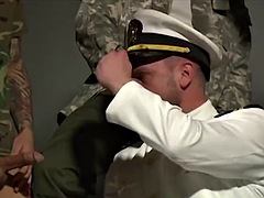 Bearded mature woman tastes cum after deepthroating young soldiers