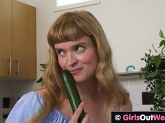 Hairy babes finger, lick, and fingerbang cucumber in the kitchen