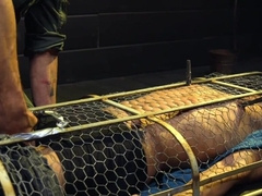Caged male slave lets master feast with his erect cock