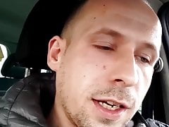 Eryk shows his caged dick in the car
