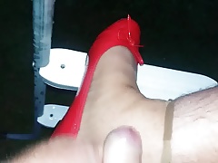 Piss and cum in red ballet flats