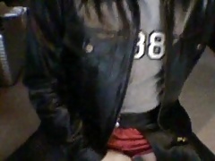 Leather Slave jerking on cam