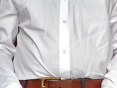 Wank and cumshot in buttoned up white shirt.