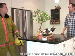 Tempting fireman Ricky strokes his long hose until it blasts jizz