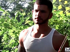 Hairy hunk Vadim Black and handsome Adam Bryant engages in a gay outdoor sex