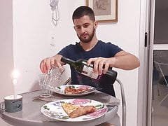 romantic dinner - handsome husband cums on pizza -