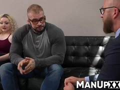 Blonde woman is taught about a mans body