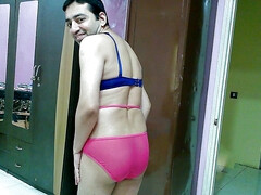 Sweet and sexy sissy crossdresser femboy Sweet Lollipop in pink-blue lingerie.