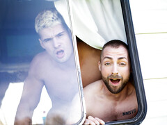 Dudes enjoying oral during stepfam road trip