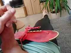 Cum on red summer sandals with nice footprints