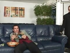 Bovine-looking Muscle Man Invites His Friend to Watch Movie and Have a Bit of Navy Cake
