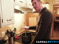 The guest Alex Killian bare fucking the host's boy Austing Young over the stove