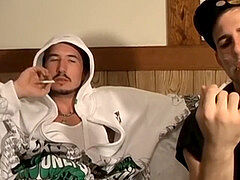 two straight thugs stroke their lengthy schlongs and cum