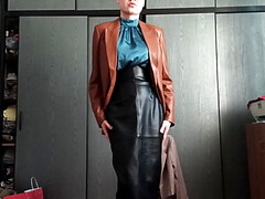 Me walking in leather skirt