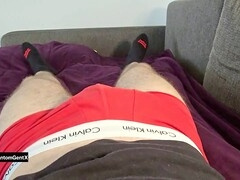 Muscular daddy gets off on his hairy chest before bed