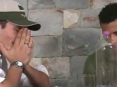 Doggy style gay threesome with army hunks