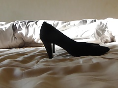 Cum in wifes black suede court shoe