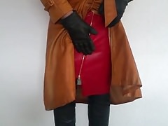 red leather skirt and brown leather coat