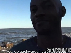 Ebony gay-for-pay boy screwed outdoor in three way by Brazilian homos