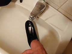 Piss in wifes black court suede shoe