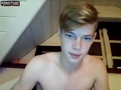 Blonde guy with big cock and perfect body masturbate on webcam and cumshot