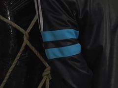 Bound and blind folded slave enjoys a handjob from master