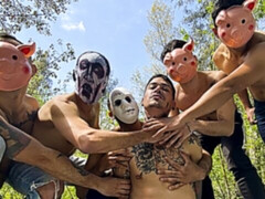 Outdoor gang-bang session with dudes in creepy masks