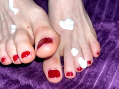 Khawal male white feet red polish rub lotion footfetish