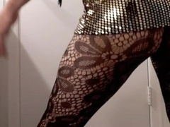 Super Hot crossdresser dressed in glossy gold cock-squeezing sundress
