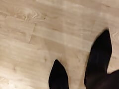 Walking in shiny tights and new heels