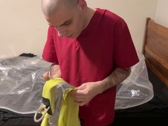 Sweaty and intense gay BDSM bondage fetish session with breath control and leather