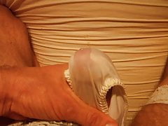 Crossdresser in silky white lingerie (Thlin1335)