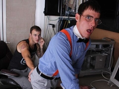 Two office geeks end up fucking each other on the couch