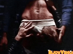 Blonde stud in leather jacked eats butt after sucking cock