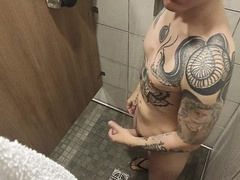 RISKY Jack Off in the Locker Guest room Douche NEARLY CAUGHT IN THE SAUNA
